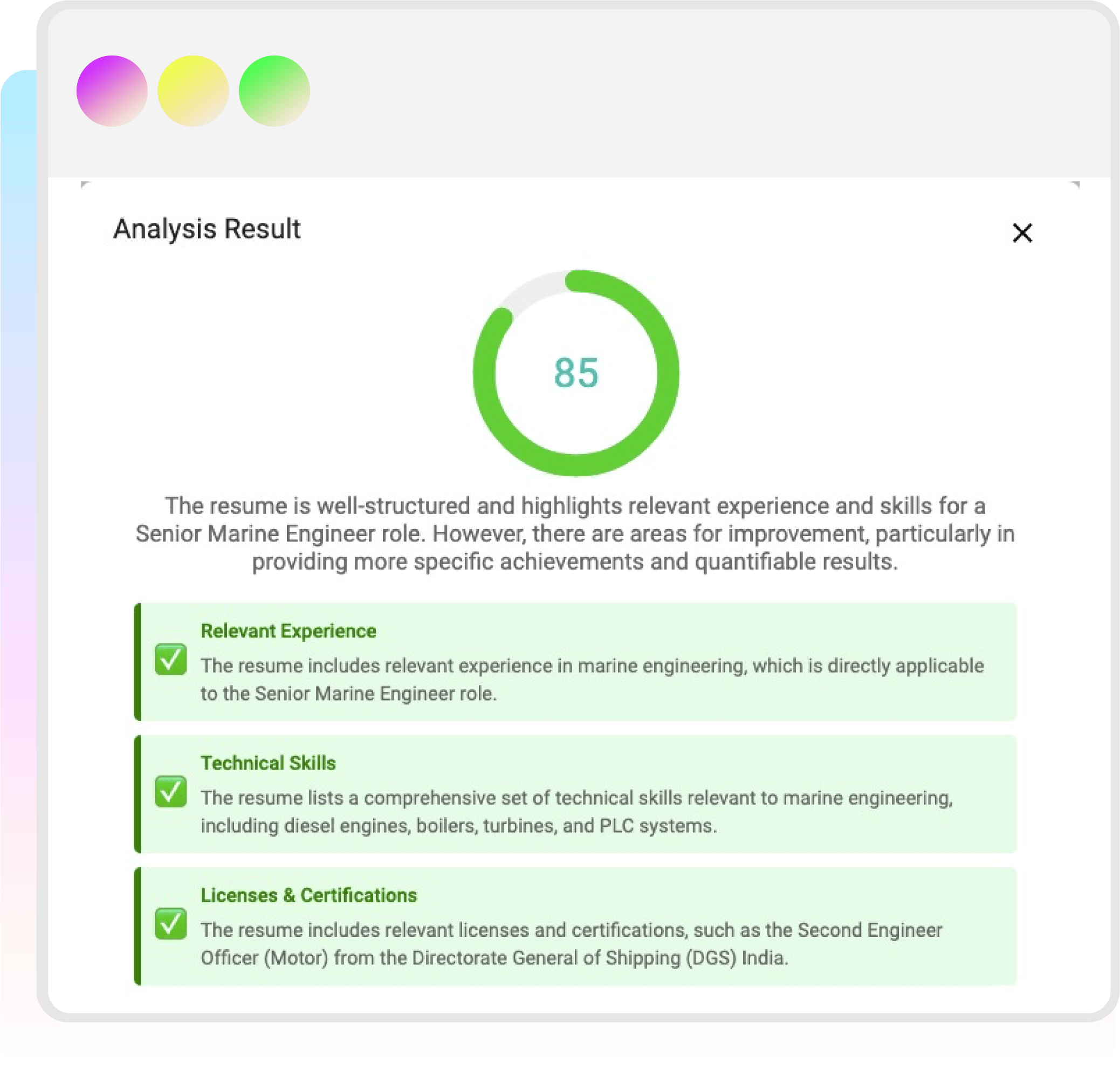 Example of KudosWall ATS Score Report 85/100
