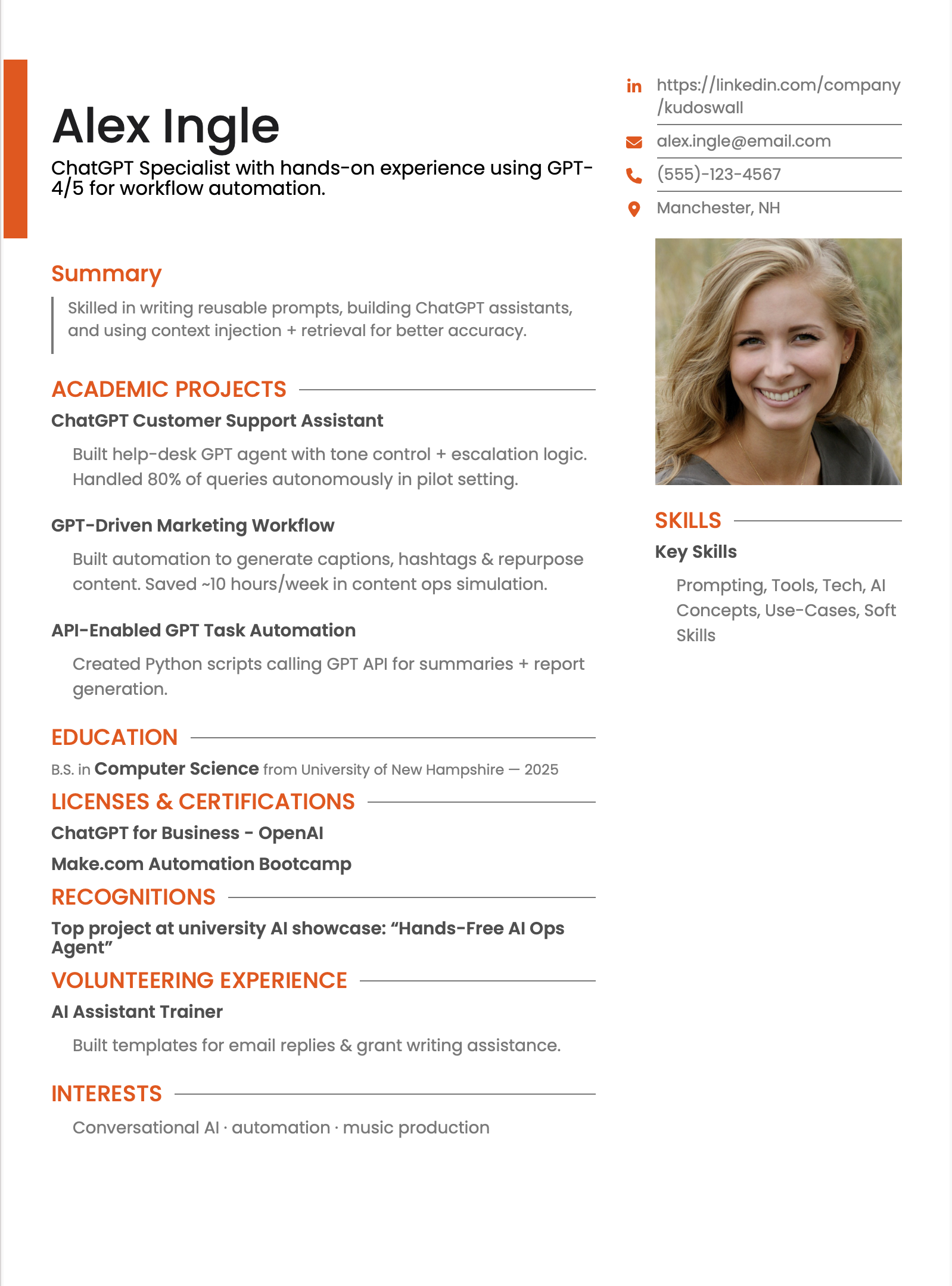 ChatGPT Specialist Fresher Resume Example (Free Download)