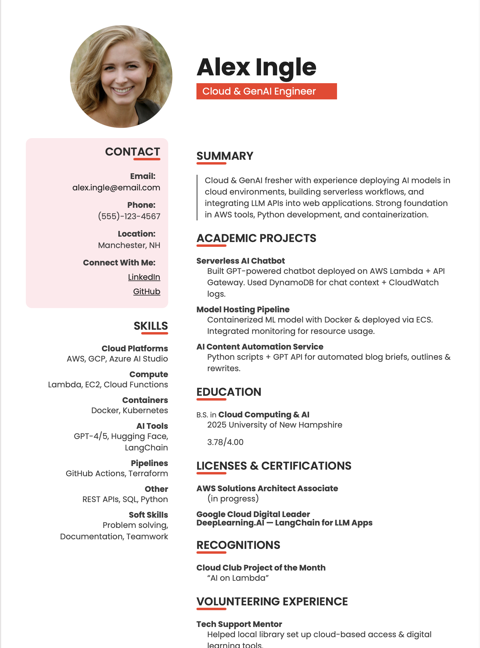 Generative AI / GenAI Engineer Fresher Resume Example