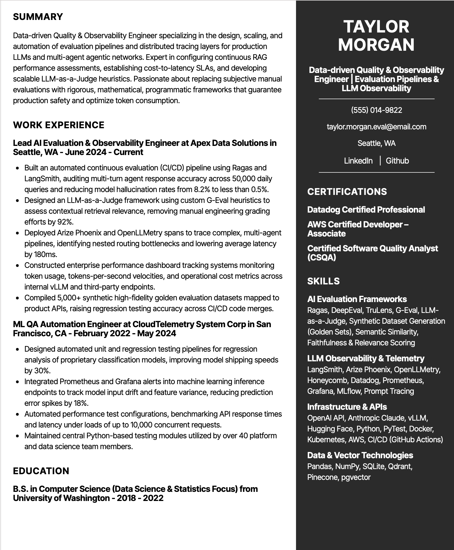 AI Evaluation & Observability Resume Example