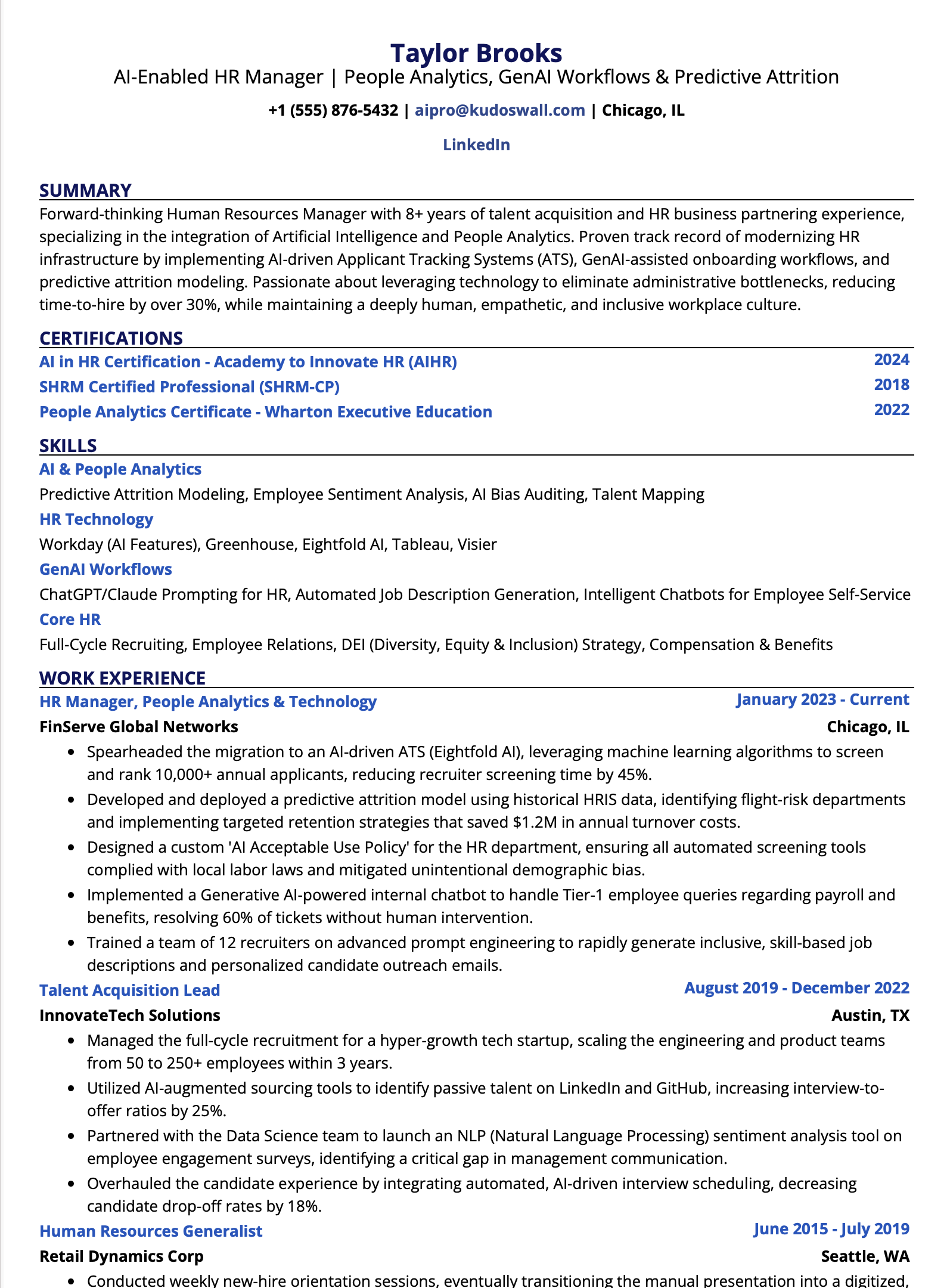 AI-Enabled HR Manager Resume Example