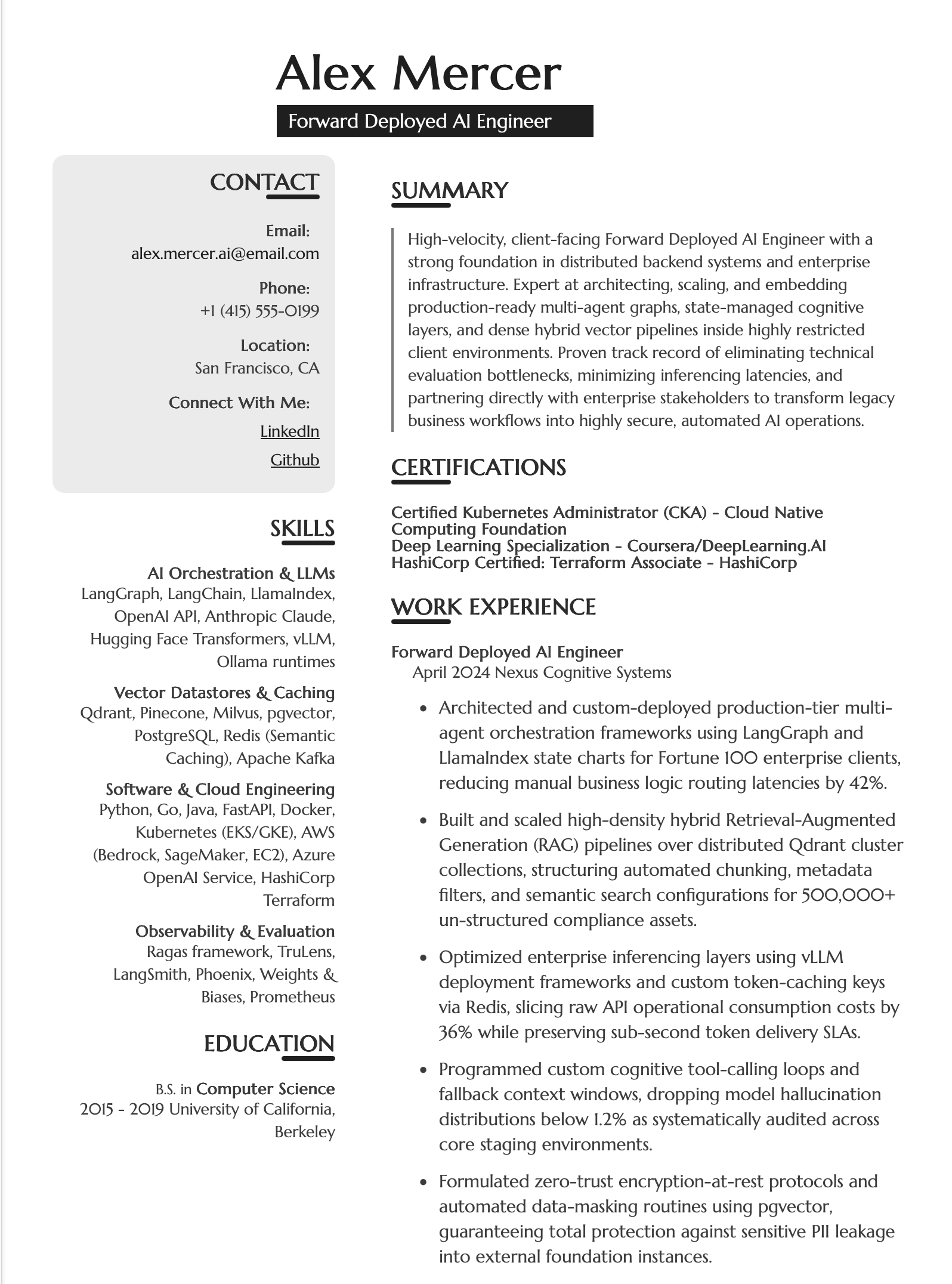 Forward Deployed AI Engineer Resume Example