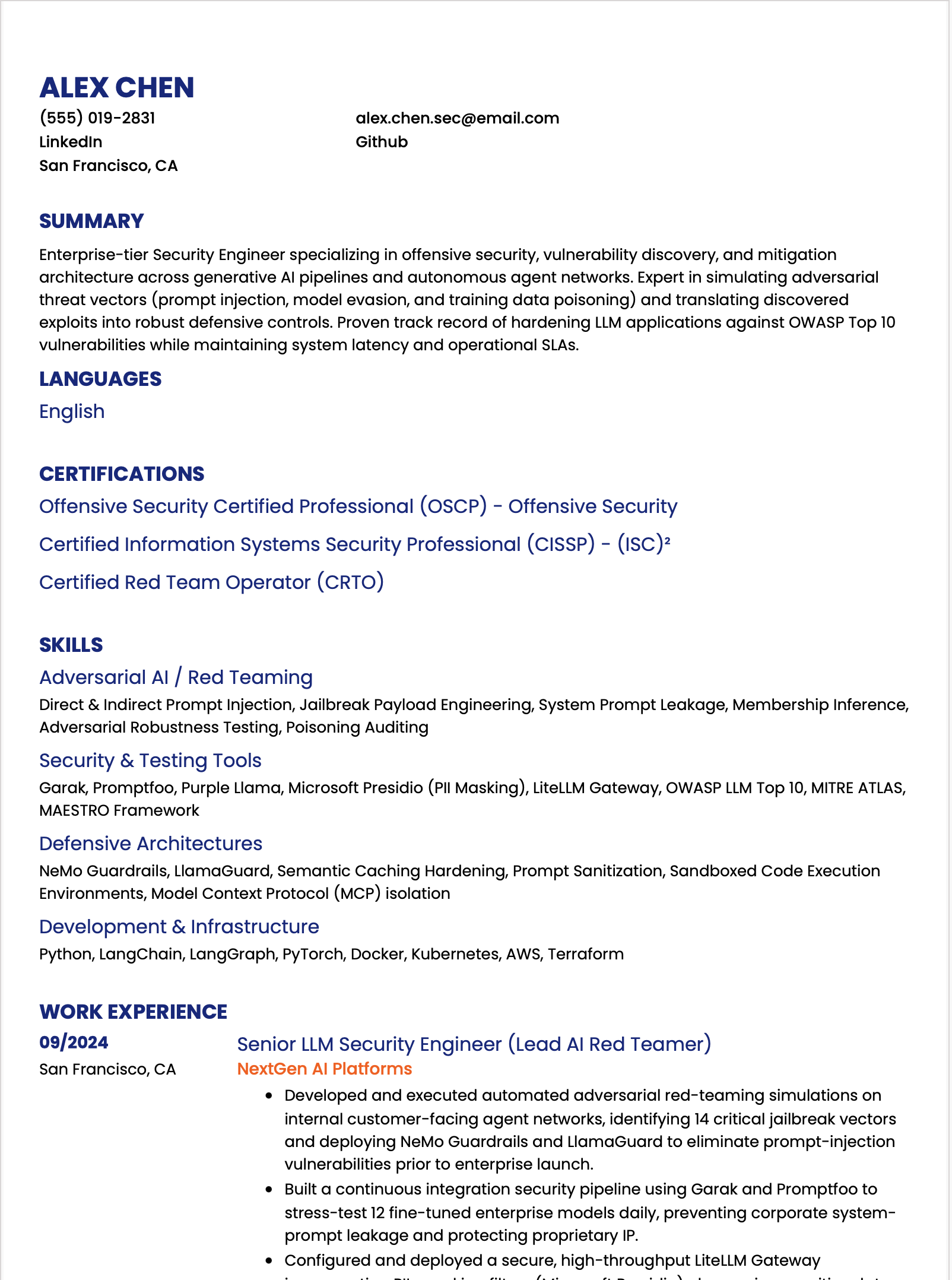 LLM Security Engineer Resume Example