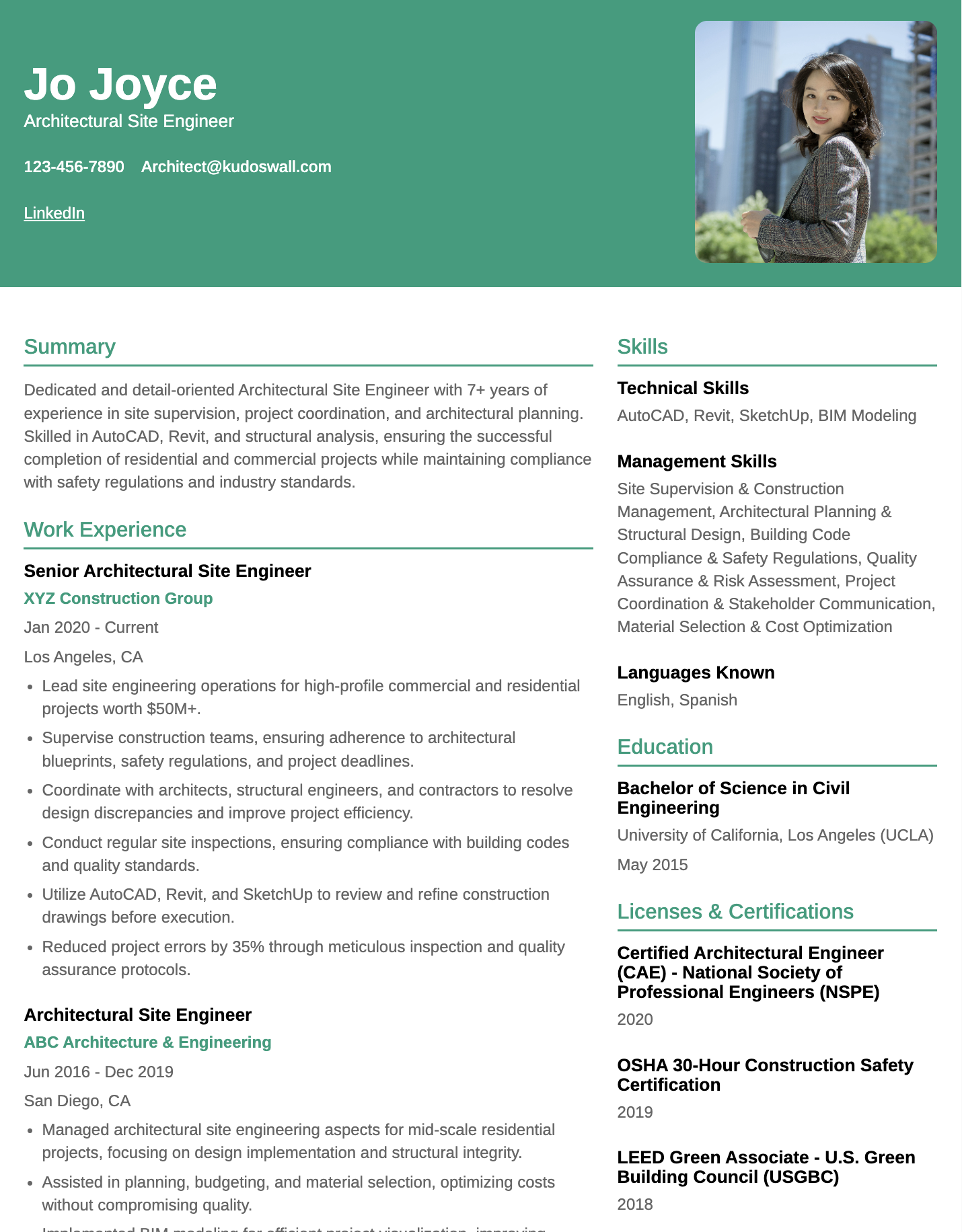 Architectural Site Engineer CV Sample for Construction Supervision