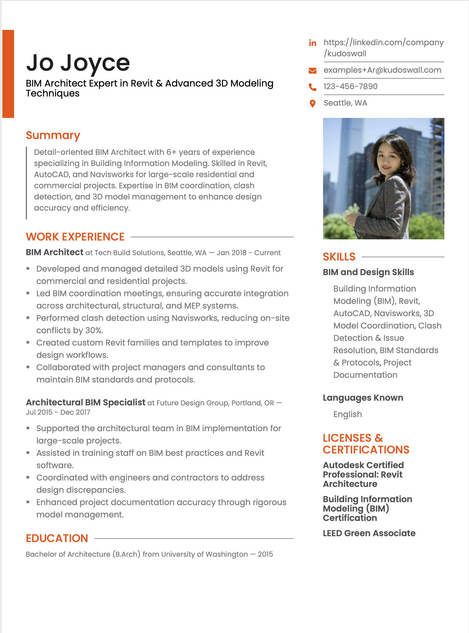 BIM Architect Resume Template highlighting Revit and Navisworks skills