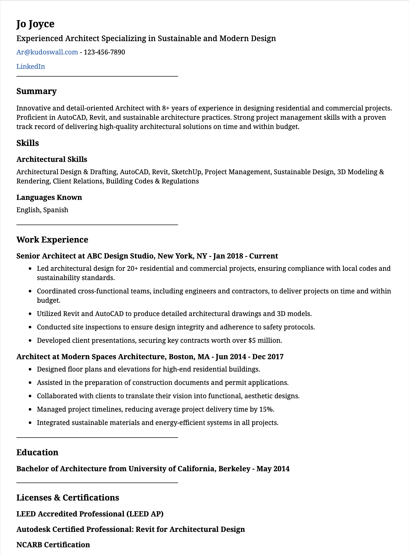 Professional Architect Resume Template suitable for General Practice
