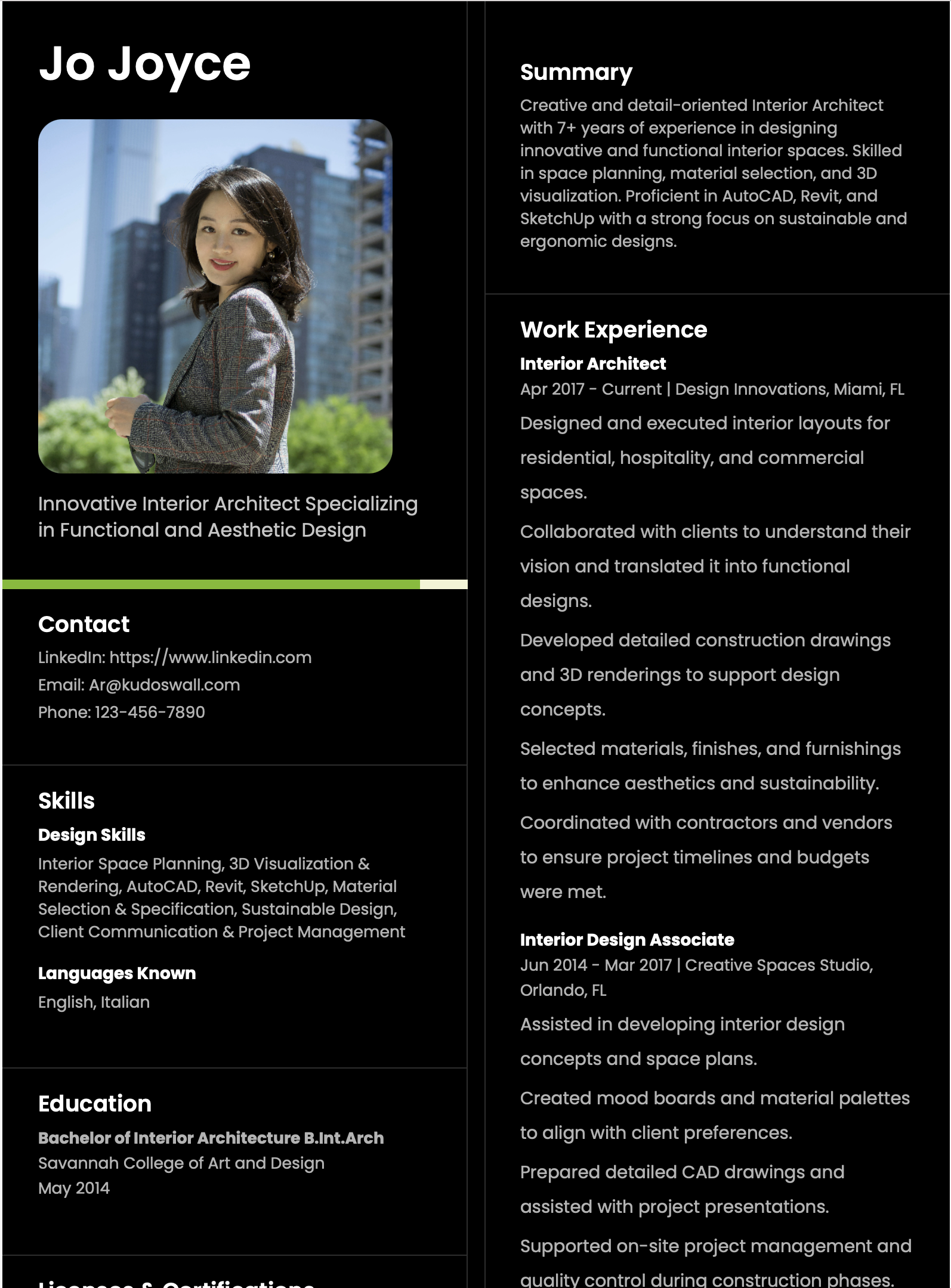 Interior Architect Resume Format focusing on Space Planning and 3D Design
