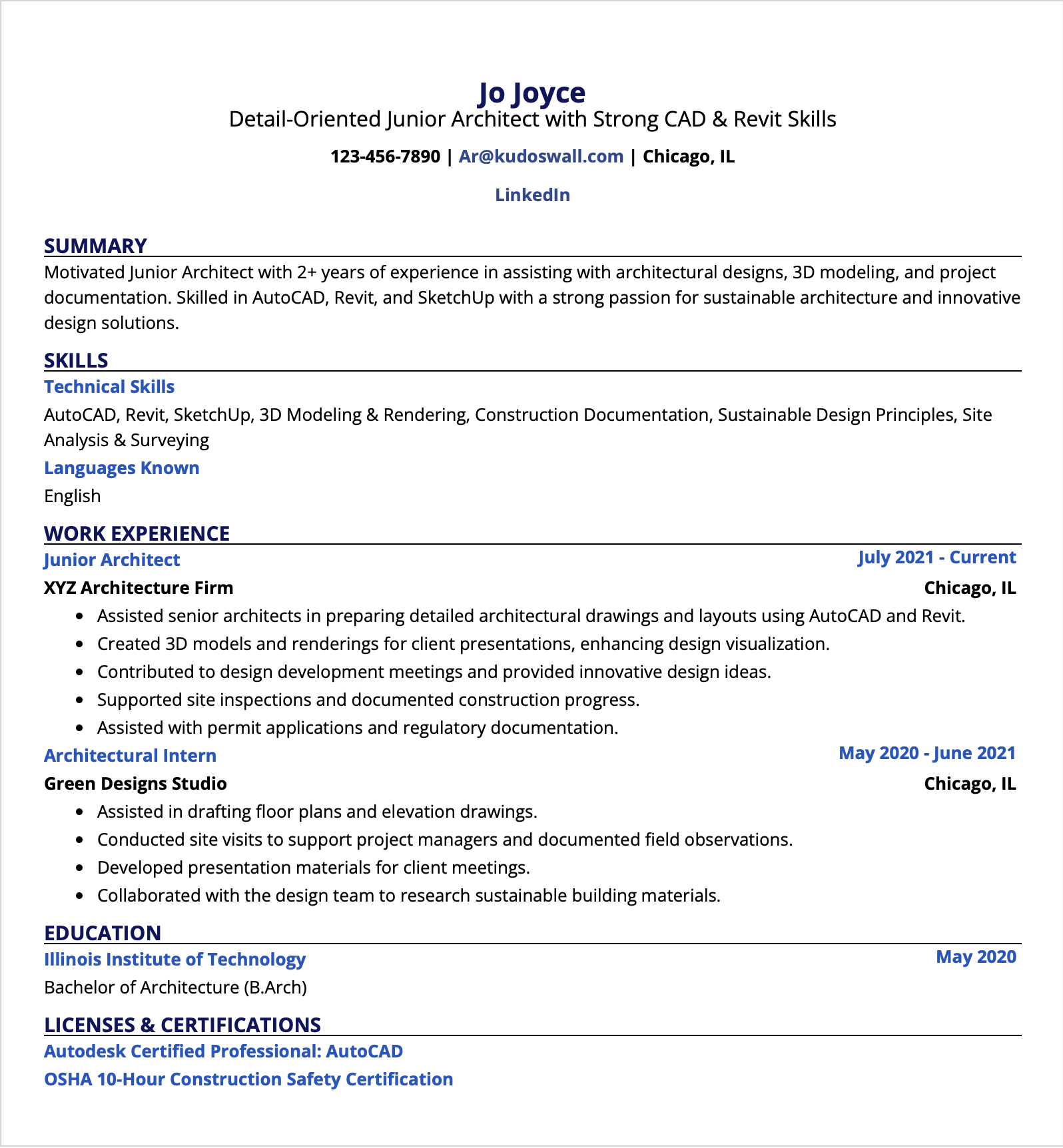 Entry-Level Junior Architect Resume Sample for Internship and Fresh Graduates