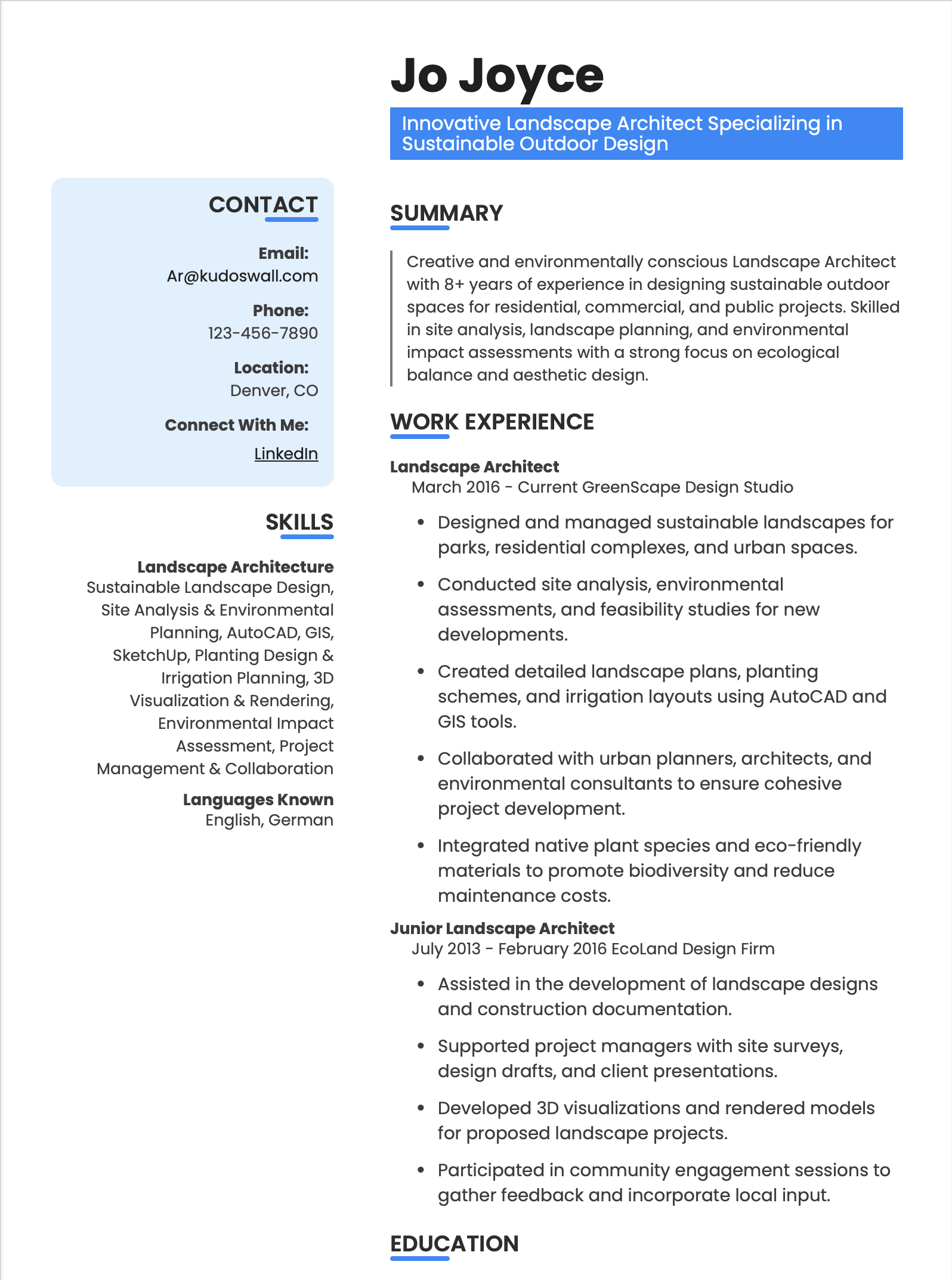 Landscape Architecture Resume Template for Urban Planning and Sustainable Design