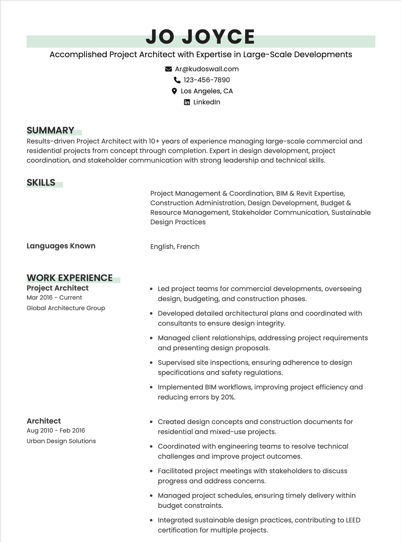 Senior Project Architect Resume Example with Construction Management expertise