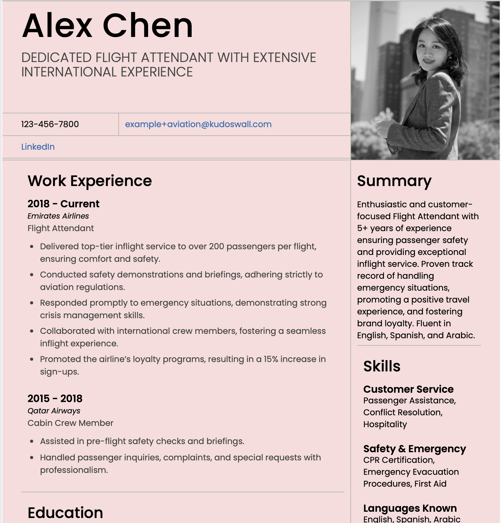 Air Hostess Resume Example (Flight Attendant / Cabin Crew CV)