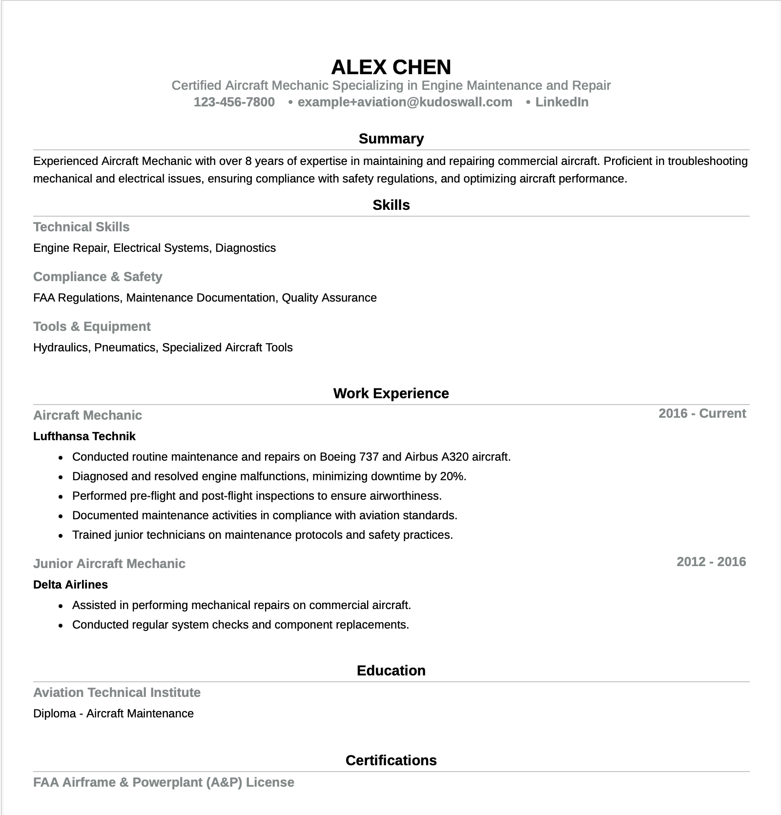 Aircraft A&P Mechanic Maintenance Technician Resume Example