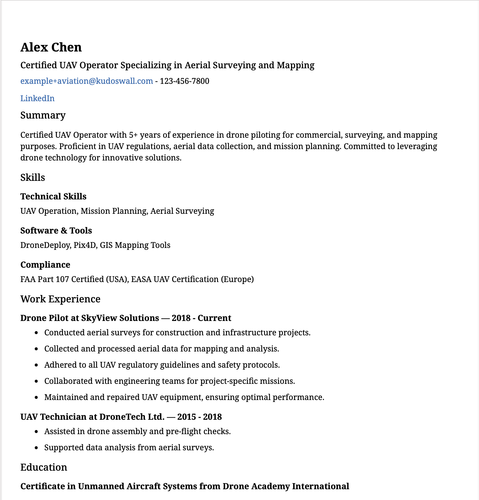 Drone Pilot/UAV Operator Resume Example