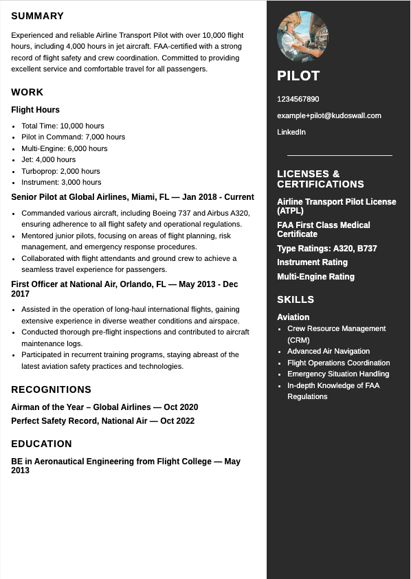 Commercial Airline Pilot Resume Example highlighting total flight hours
