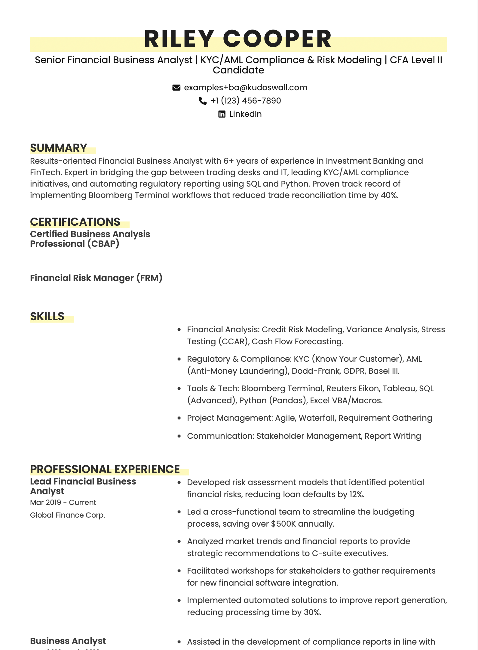 Financial Services Business Analyst Resume Example