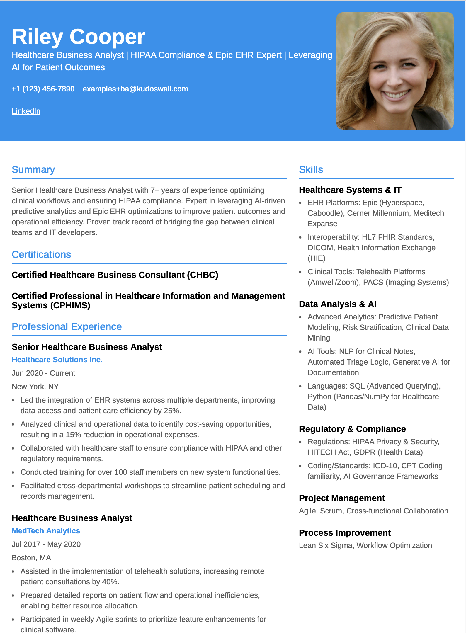 Healthcare Business Analyst Resume Example