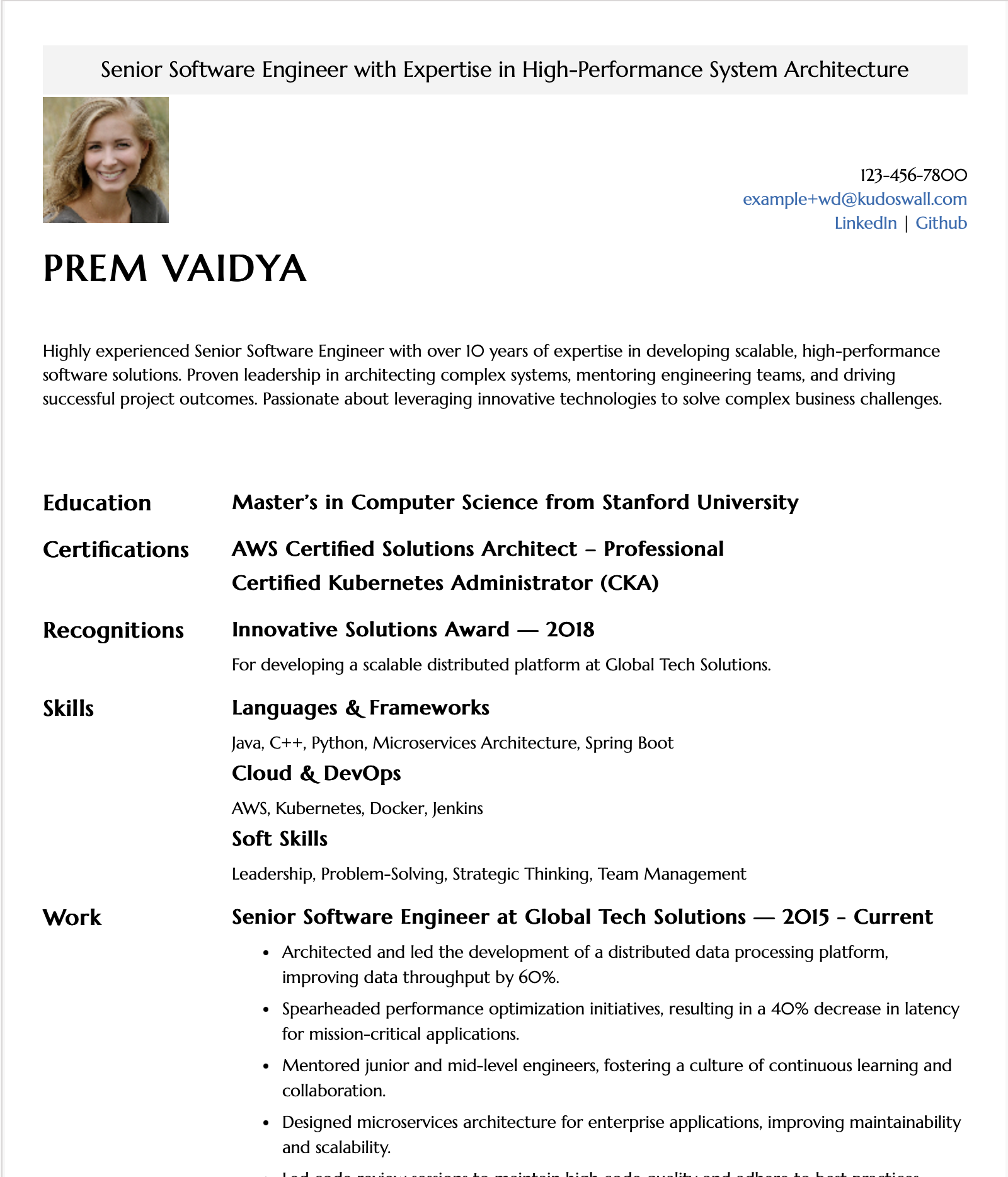 Canadian resume format example