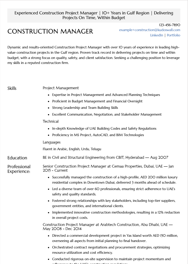 Gulf Construction Manager Resume Example
