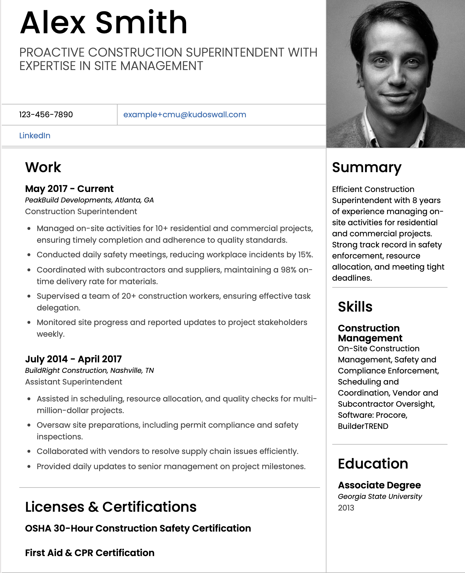 Commercial Construction Superintendent Resume Sample