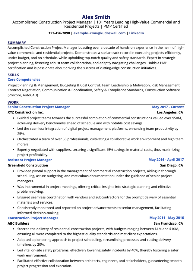 Commercial Construction Manager Resume Example