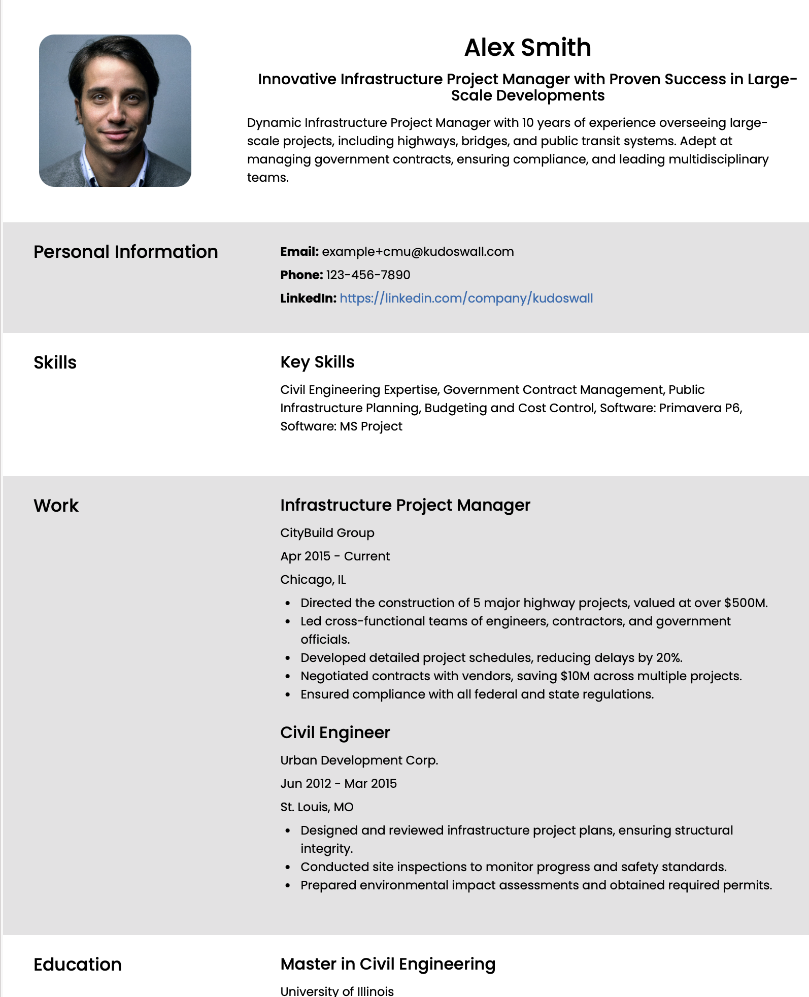 Infrastructure and Civil Project Manager Resume Example