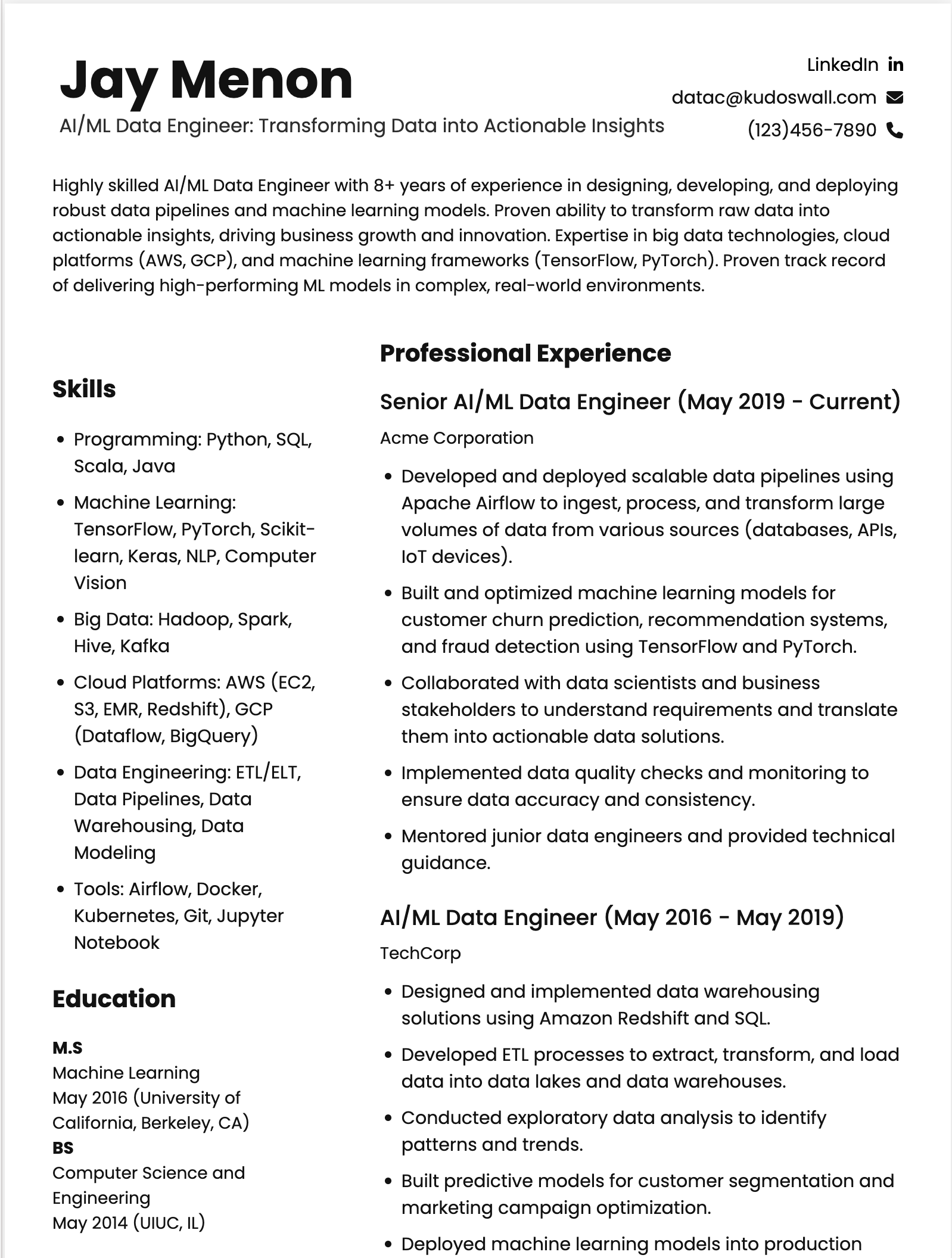 AI ML Engineer Resume Example