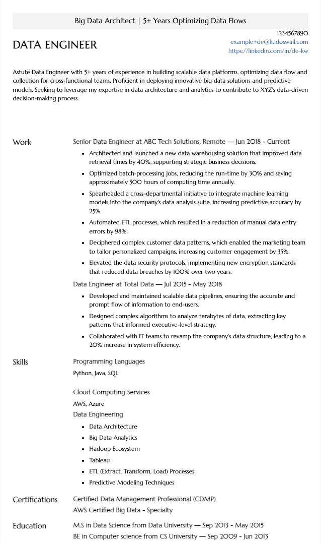 Big Data Engineer Sample Resume