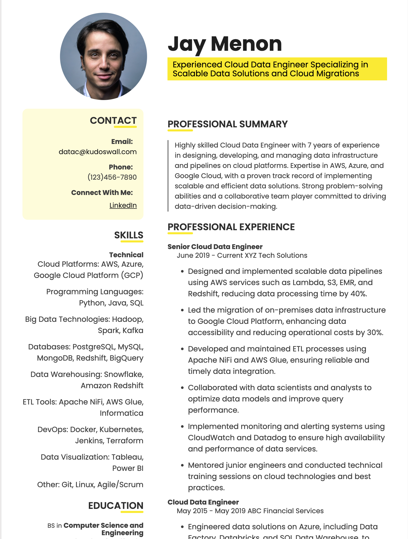 AWS Cloud Data Engineer Sample Resume