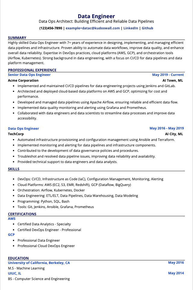 Data Ops Engineer Resume Example