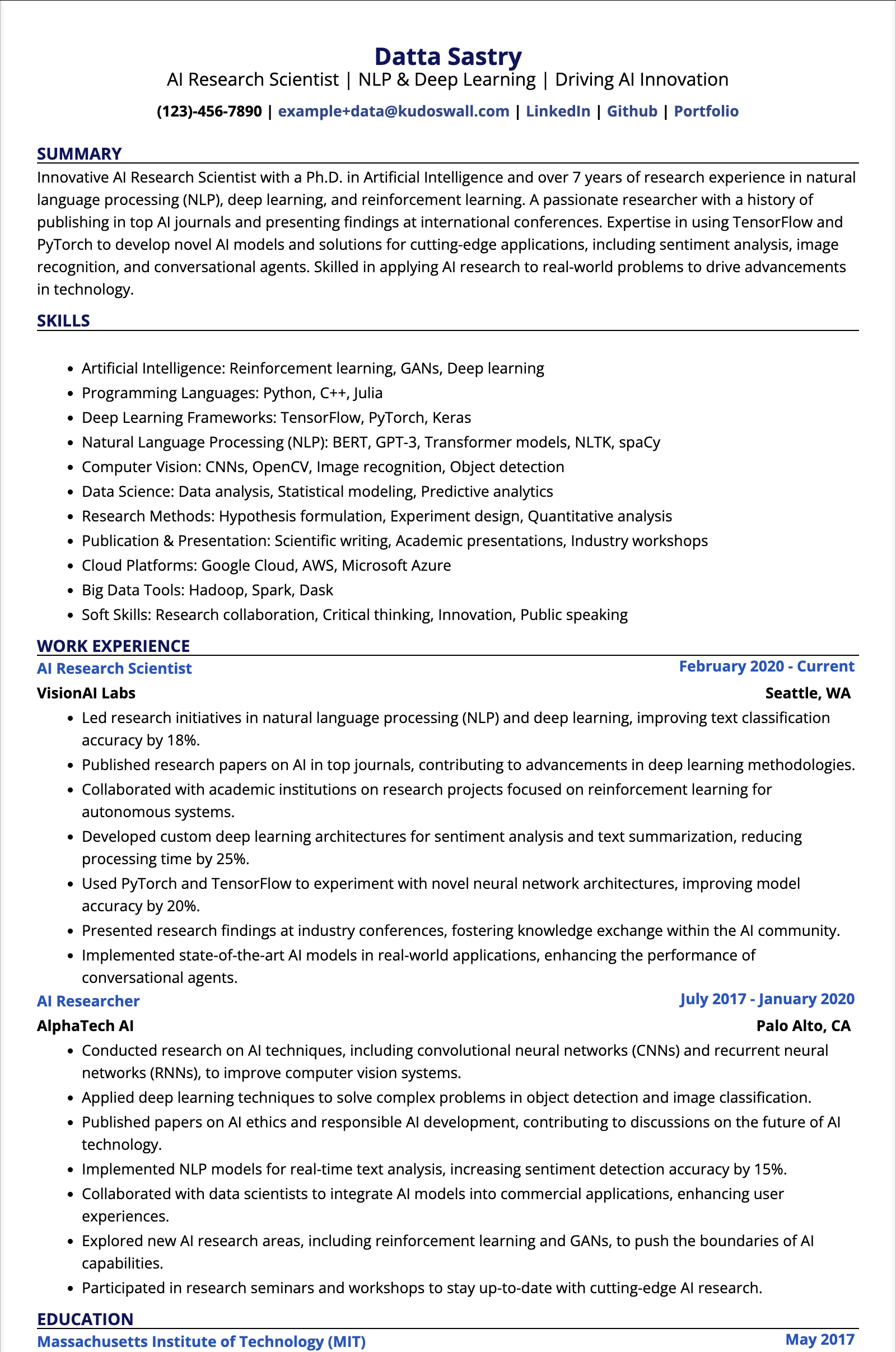 AI Research Scientist Resume Example