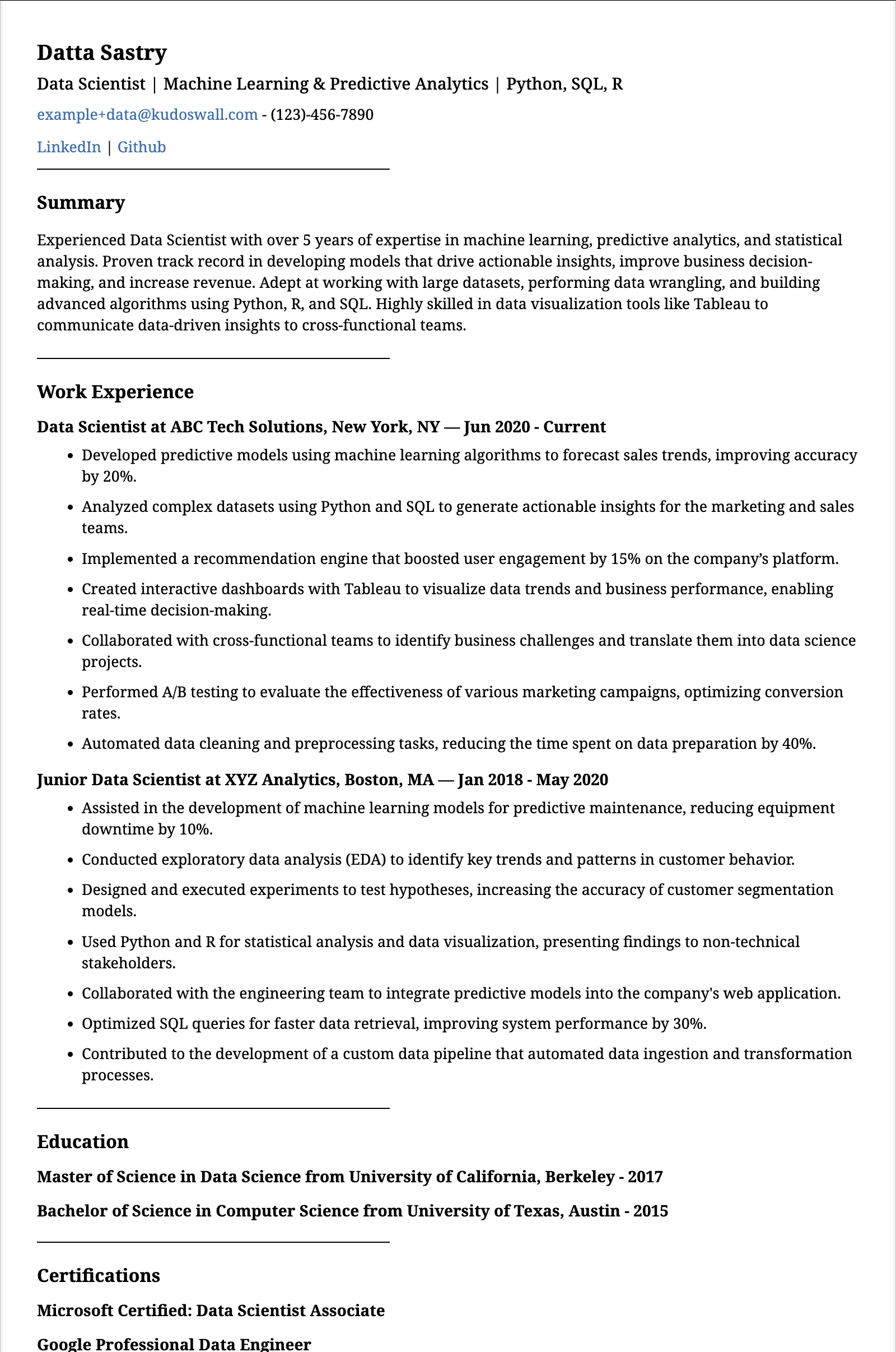Data Scientist Resume Example