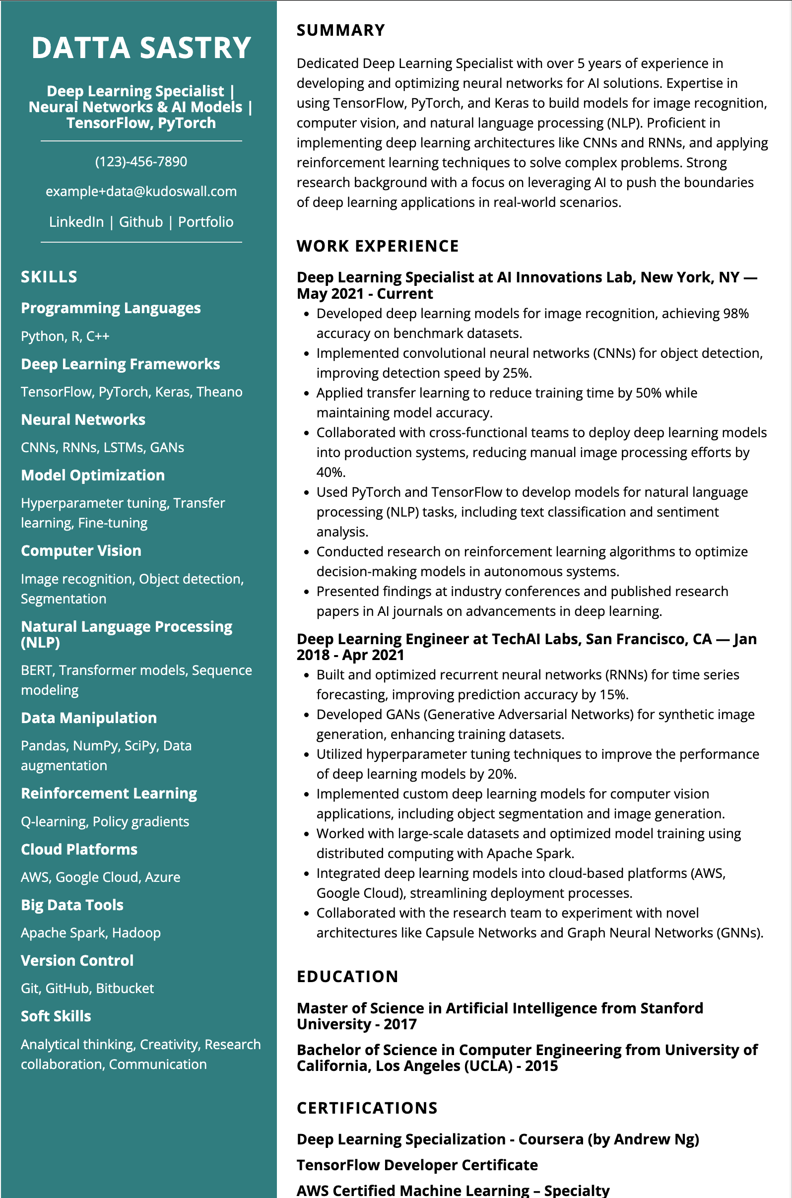 Deep Learning Specialist Resume Example