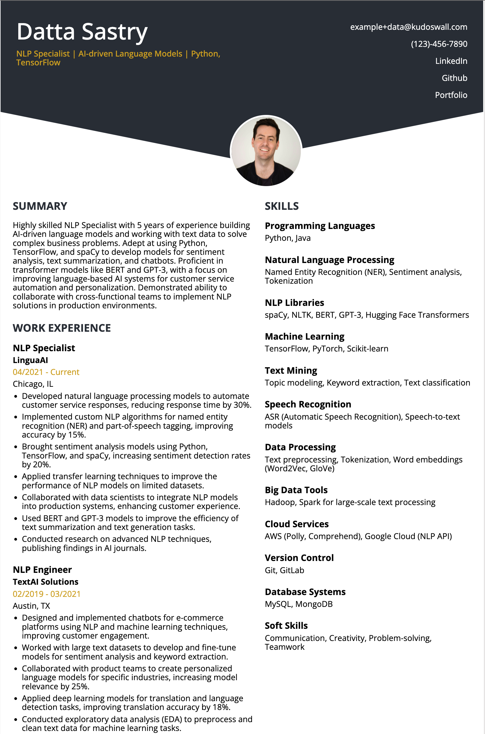 NLP Specialist Resume Example