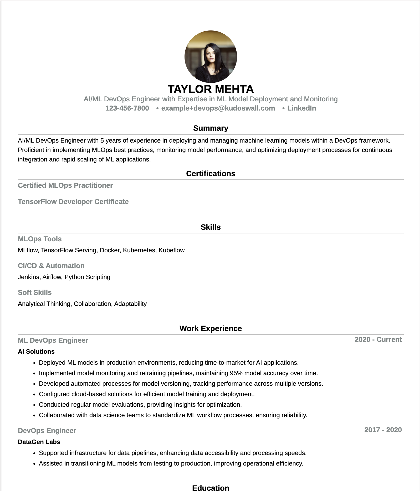 AI/ML MLOps Engineer Resume Example