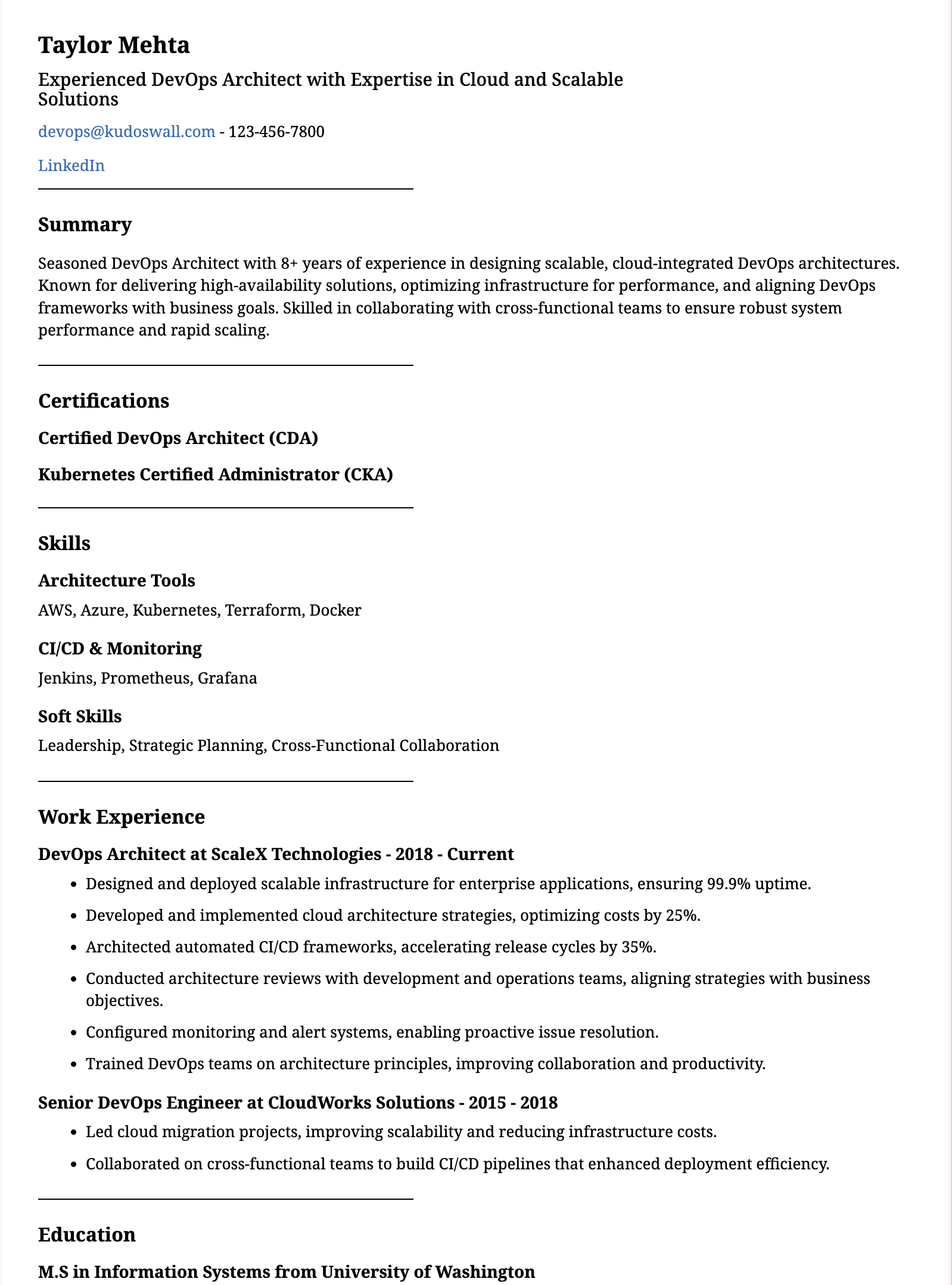 DevOps Architect Resume Example