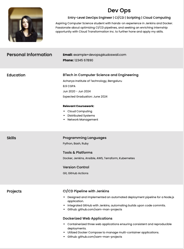 Entry Level and Fresher DevOps Resume Example