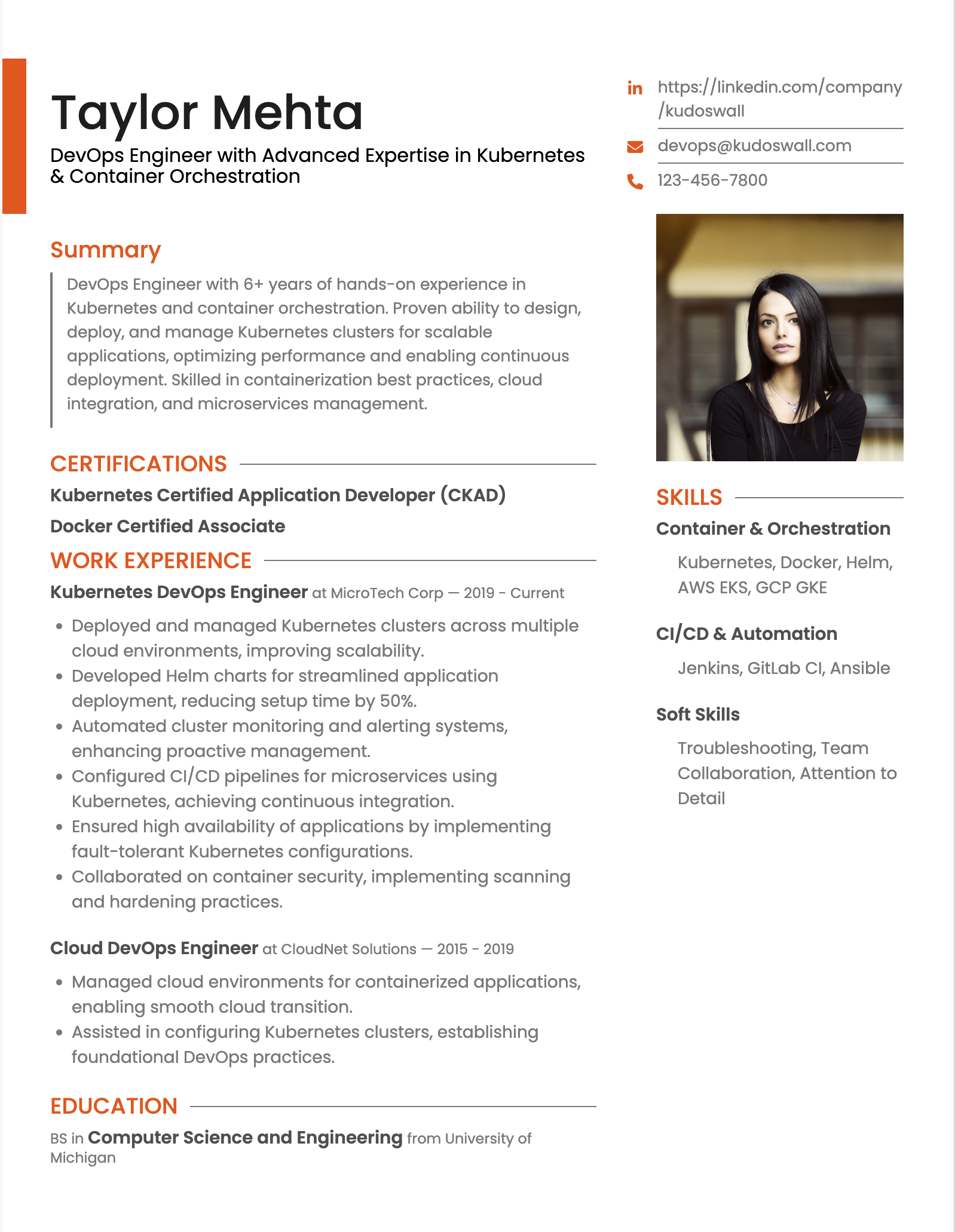 Kubernetes DevOps Engineer Resume Example