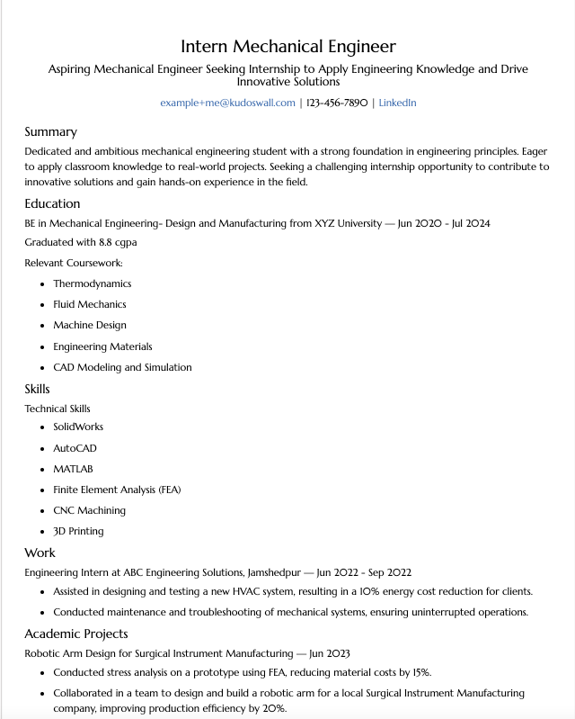 Mechanical engineering fresher resume example