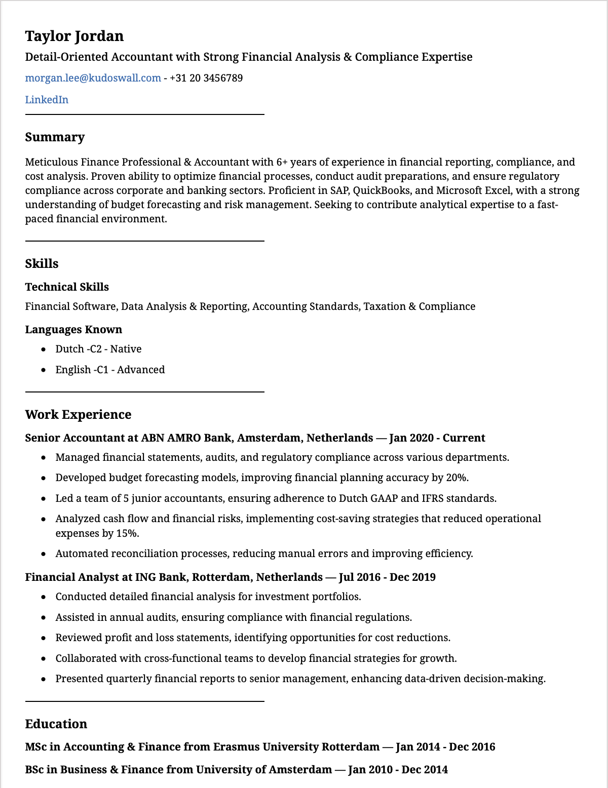 Accountant Europass CV Example