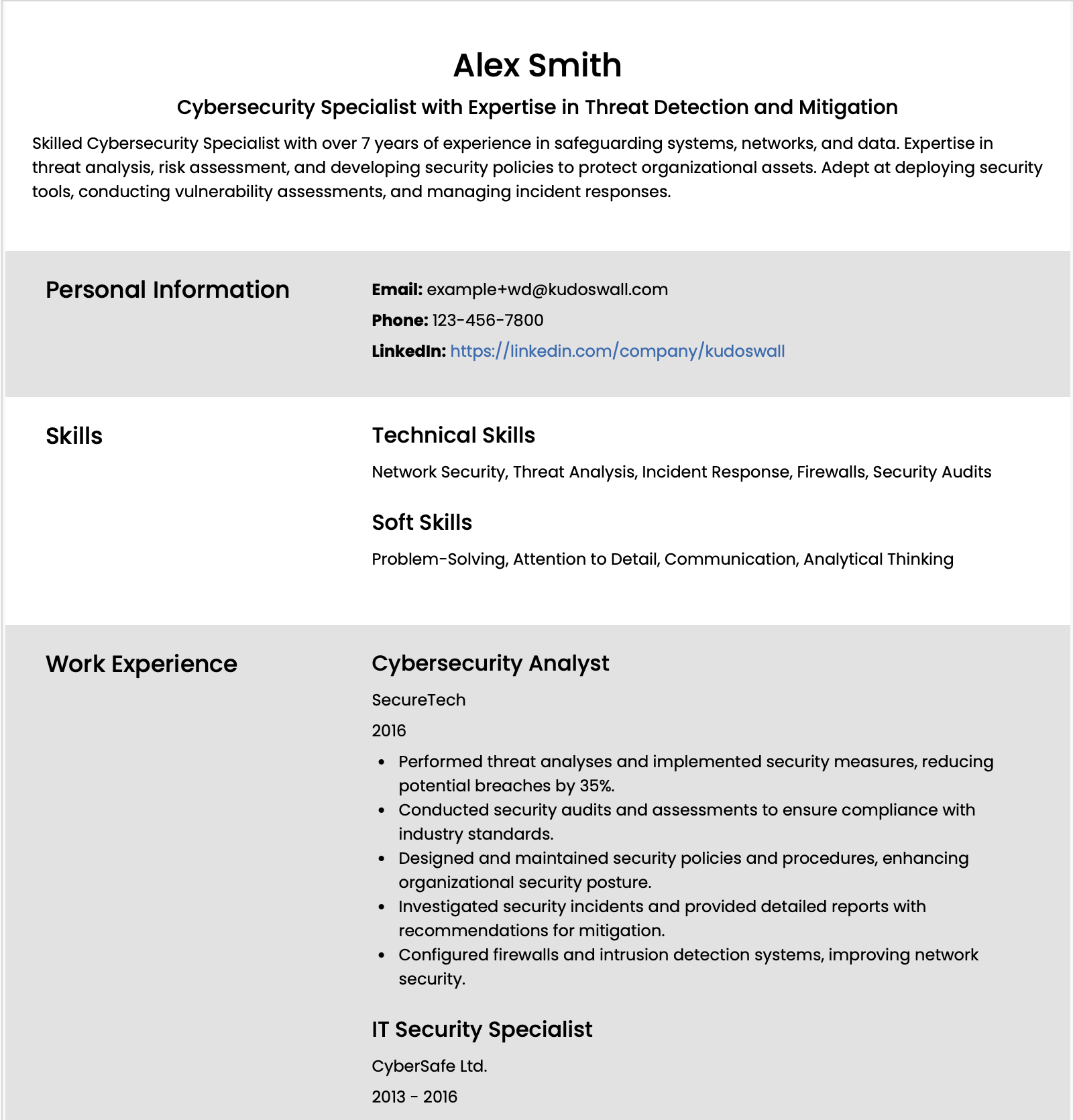 Cybersecurity Specialist Europass CV Example