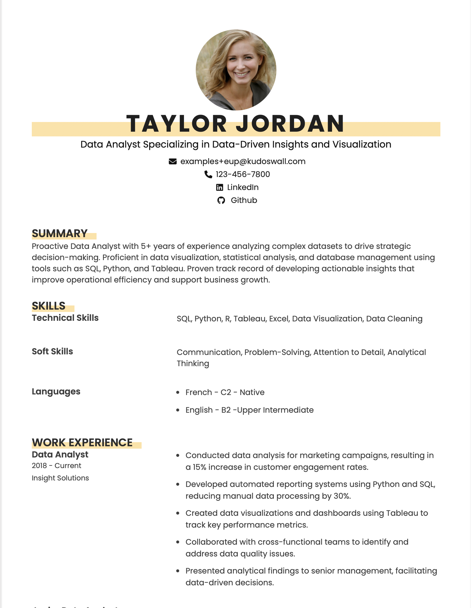 Data Analyst Europass CV Example