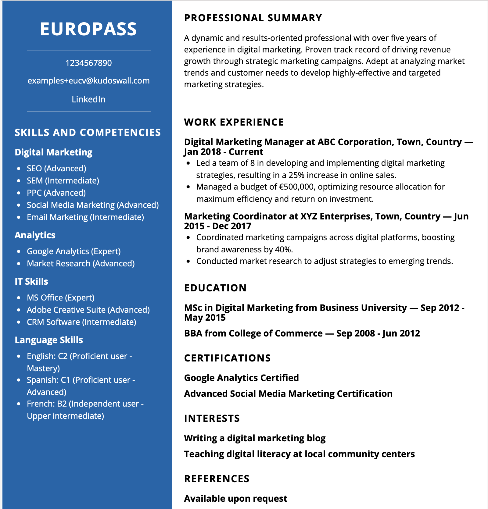 Digital Marketing Specialist Europass CV Example