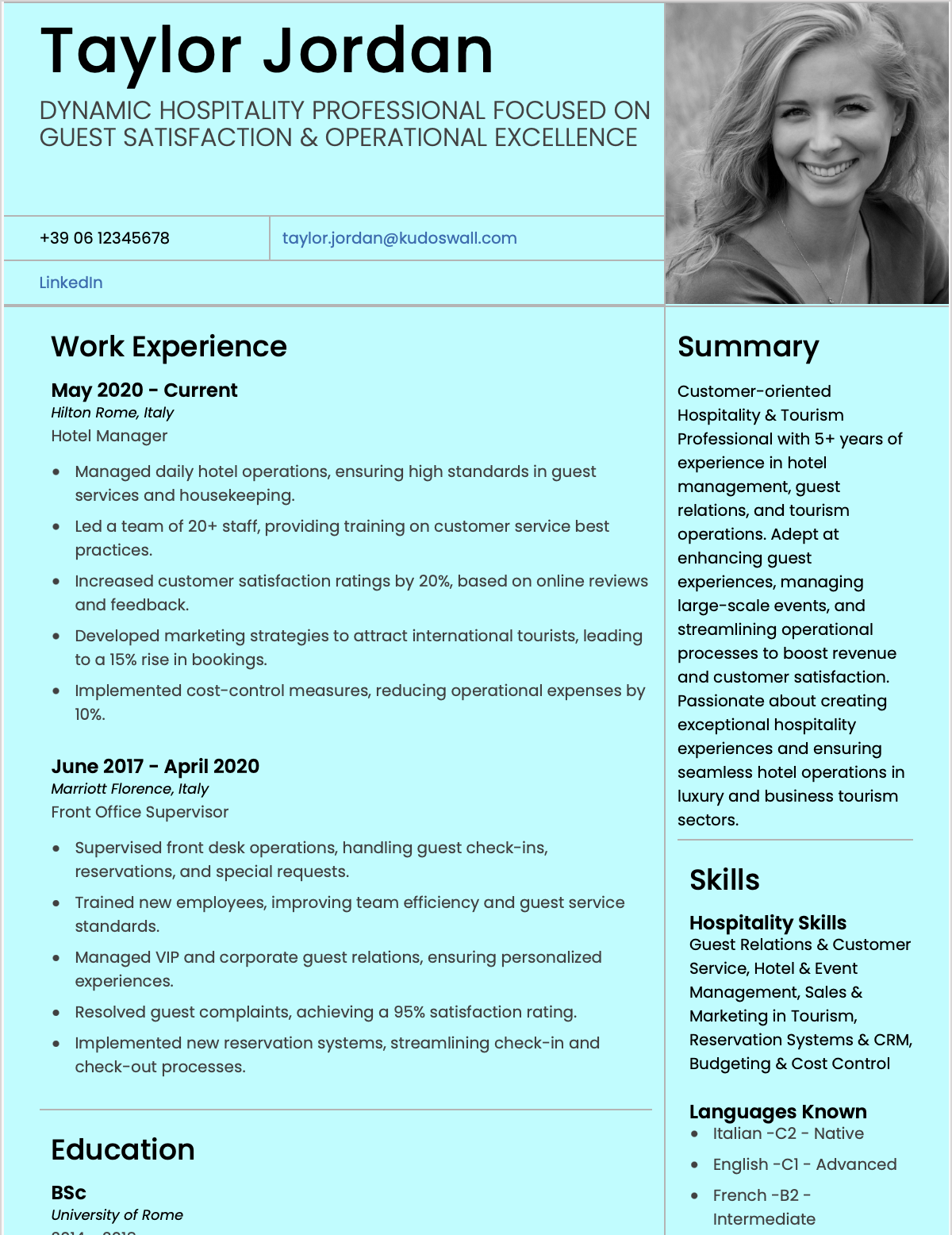 Hotel Manager Europass CV Example