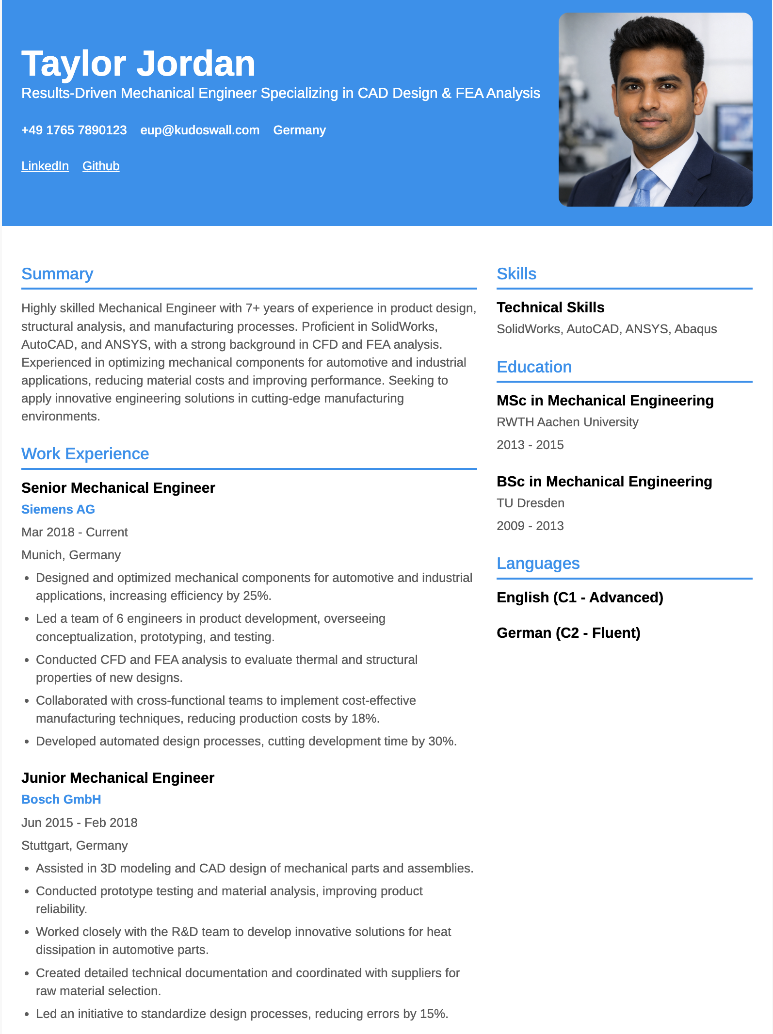 Mechanical Engineer Europass CV Example