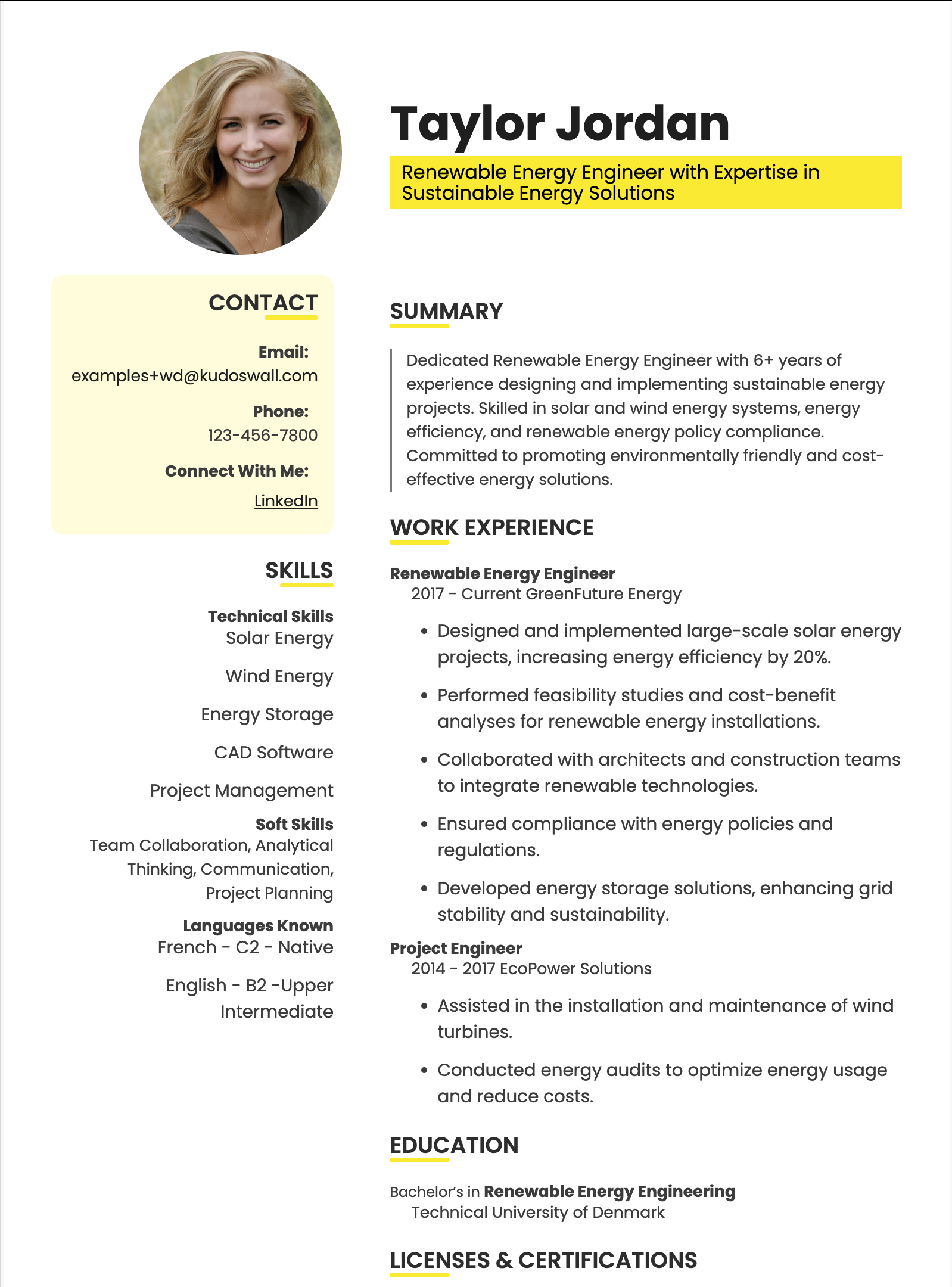 Renewable Energy Engineer Europass CV Example