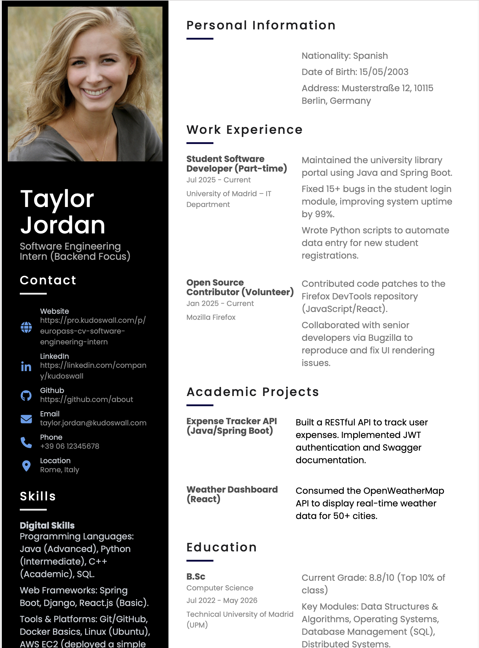 Software Engineering Intern Europass CV Example