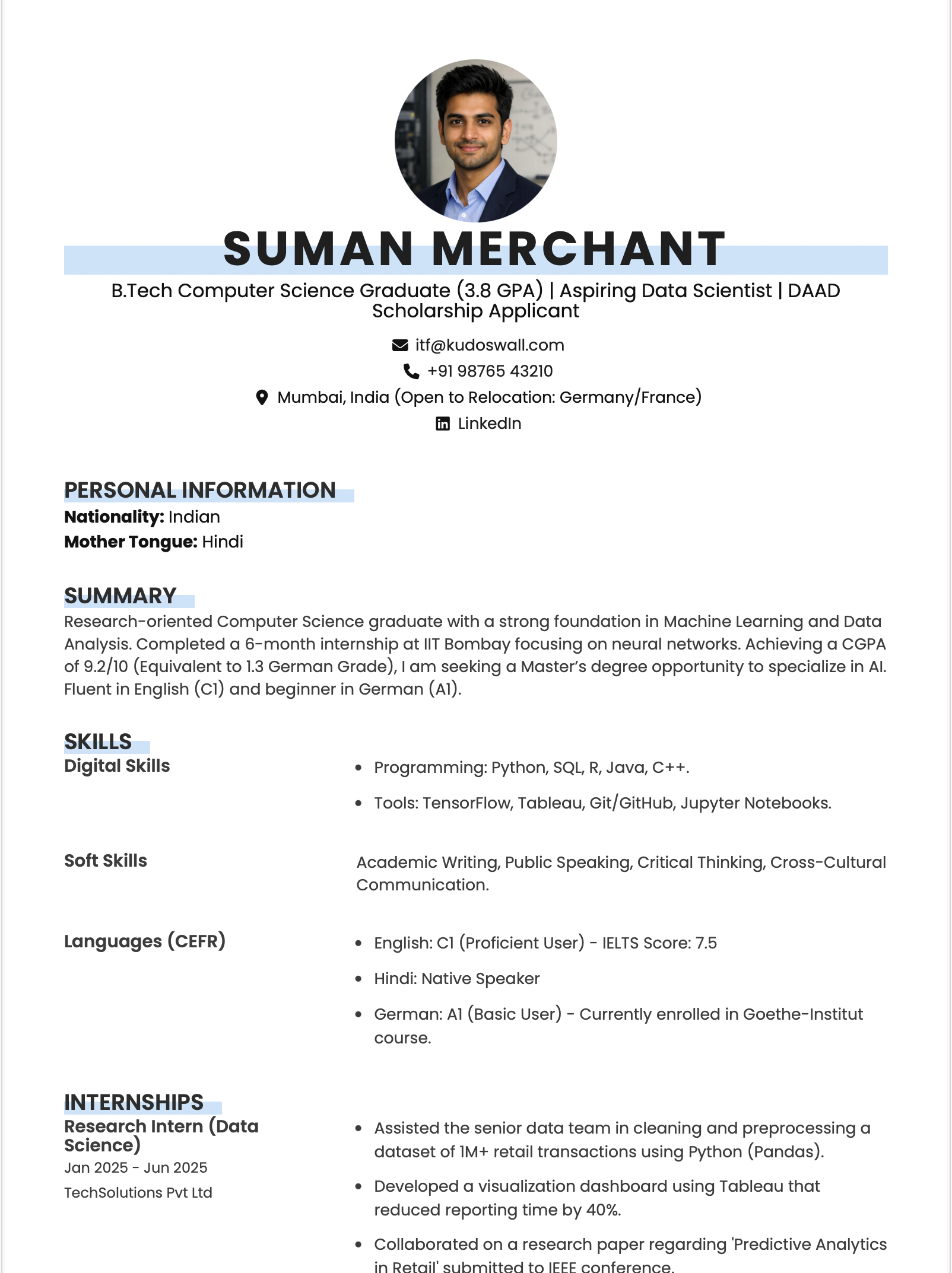University Student Europass CV Example