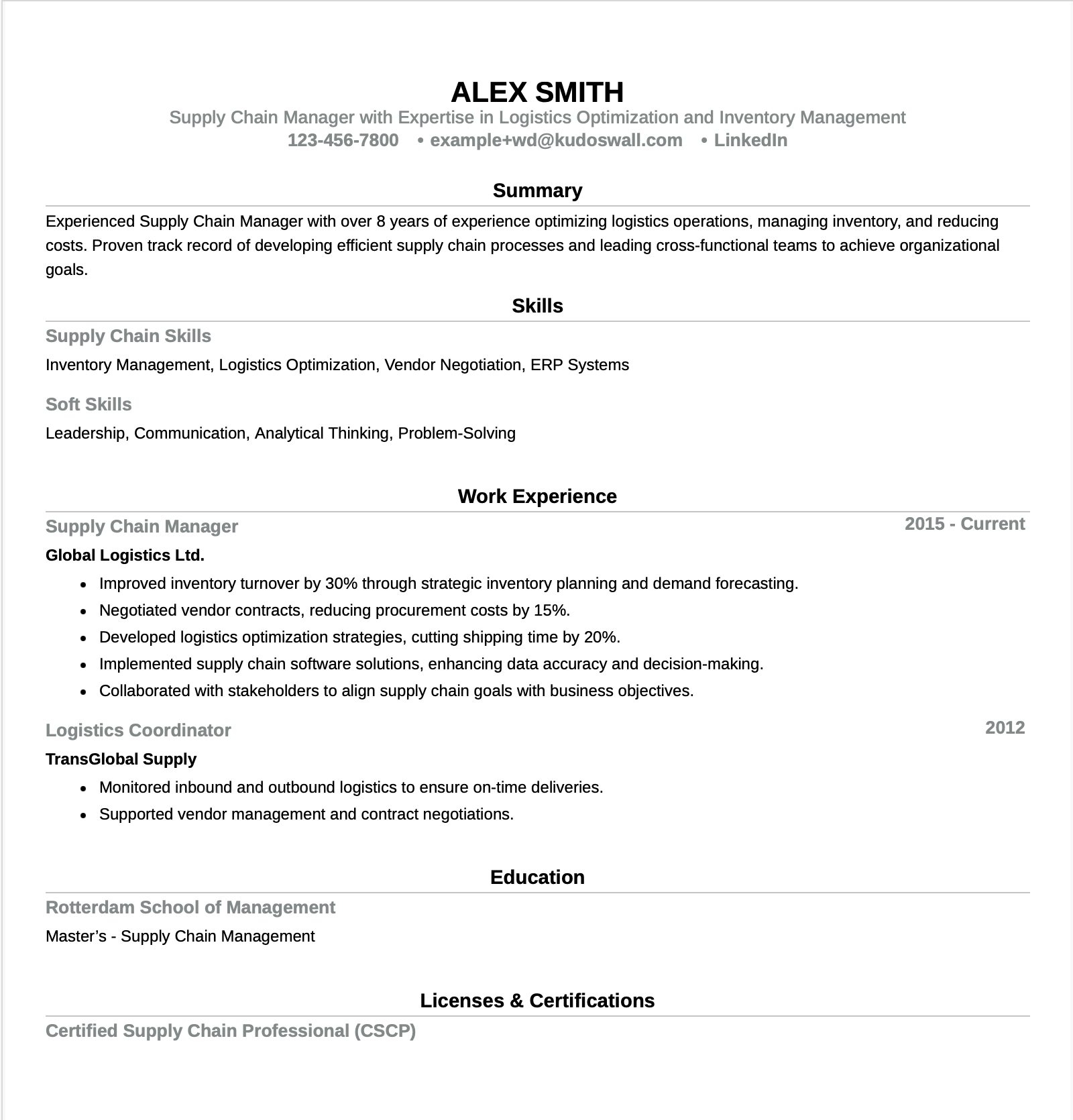 Supply Chain Manager Europass CV Example