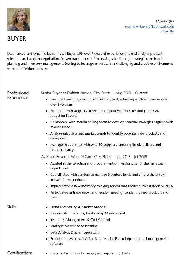 Fashion Buyer Resume Example