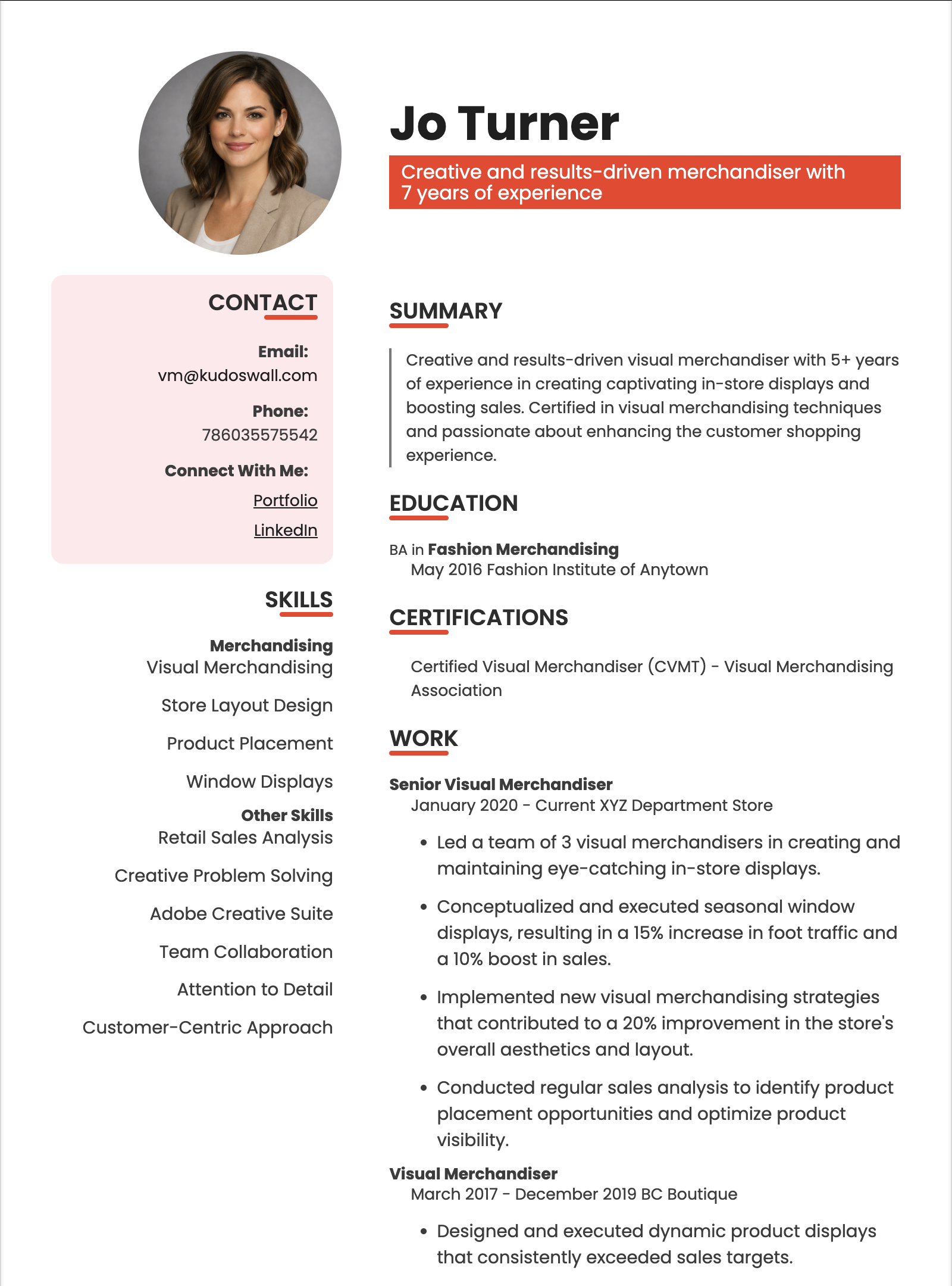 Visual Merchandising Resume Example